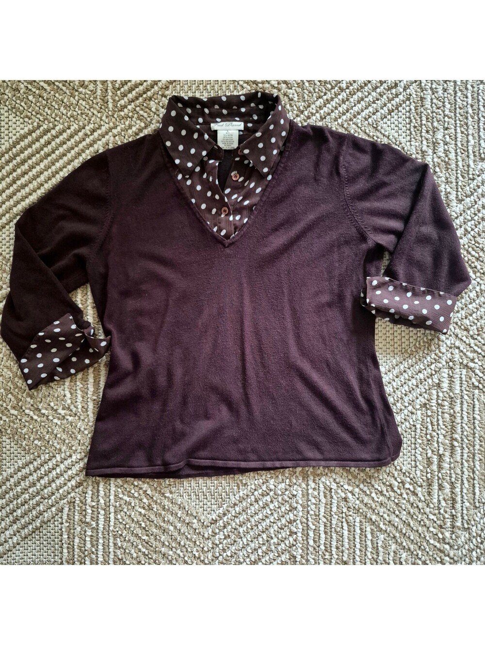 VTG Y2k Twee Dark Academia Polka Dot Layered Sweater Brown Shirt Knit Top L